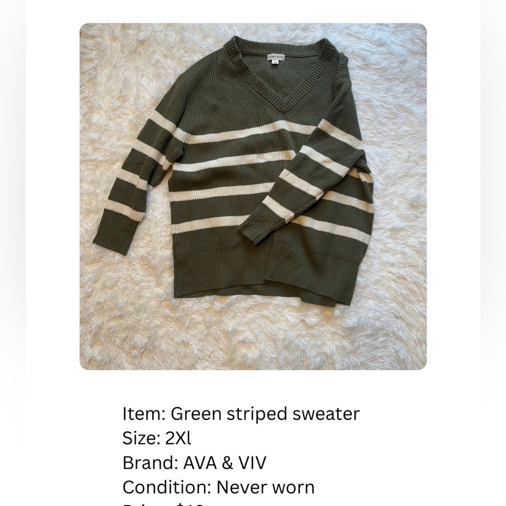 AVA & VIV Olive Green Striped V-Neck Sweater